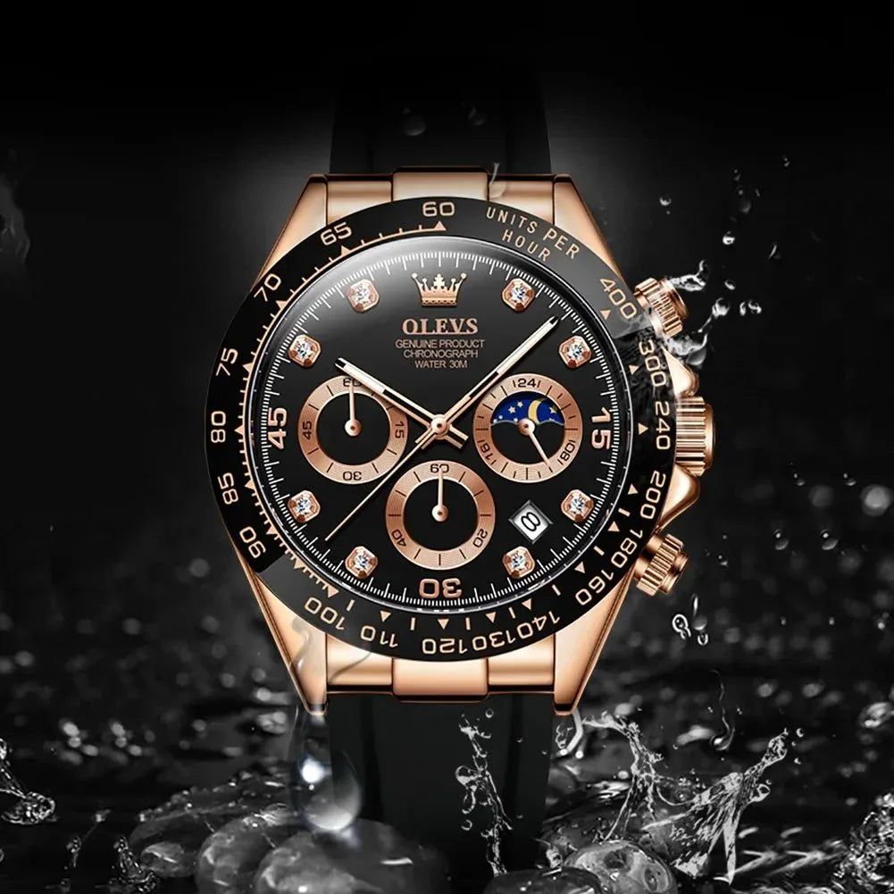 OLEVS Men's Luxury Chronograph Watch – Sport, Waterproof, Silicone Strap, Moon Phase Dial - Kasbah Souq
